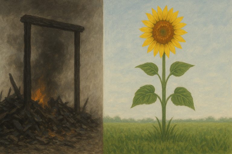 Symbolic painting divided in half, with a burned, smoking structure on the left and a vibrant sunflower growing in a green field under a blue sky on the right, representing transformation from trauma to hope.