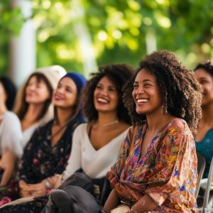 The image captures a diverse group of women gathered in a serene outdoor setting surrounded by lush greenery and soft sunlight filtering through the
