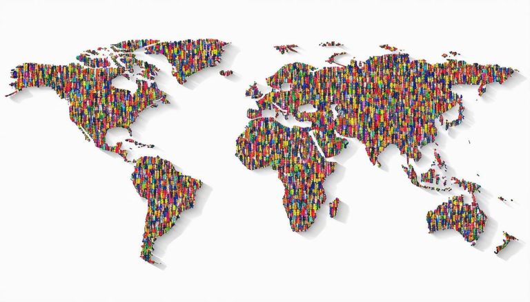 a map of the world with all the continents on a white background each continent is light grey and covered in different vibrant colors of people repre