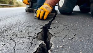 patching a crack in a road at in an intersection