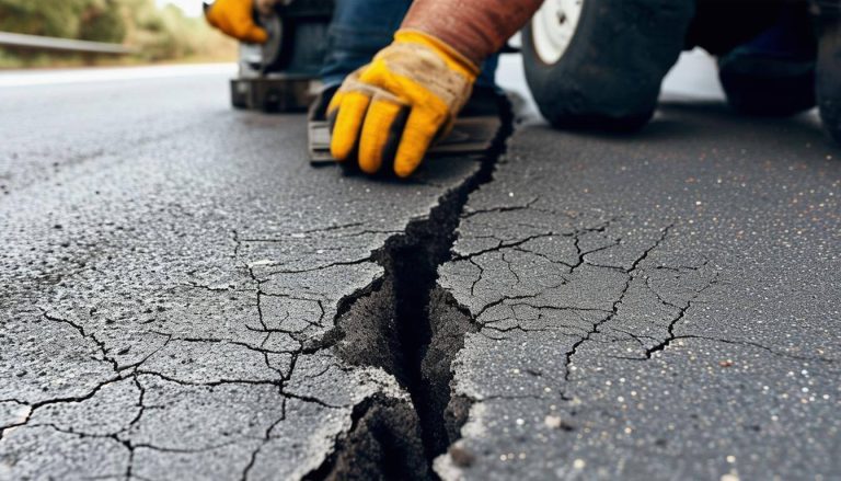 patching a crack in a road at in an intersection