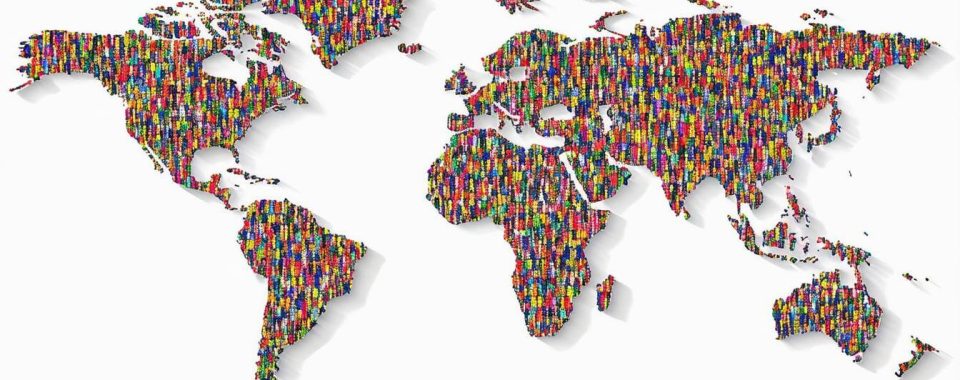 a map of the world with all the continents on a white background, each continent is light grey and covered in different vibrant colors of people repre